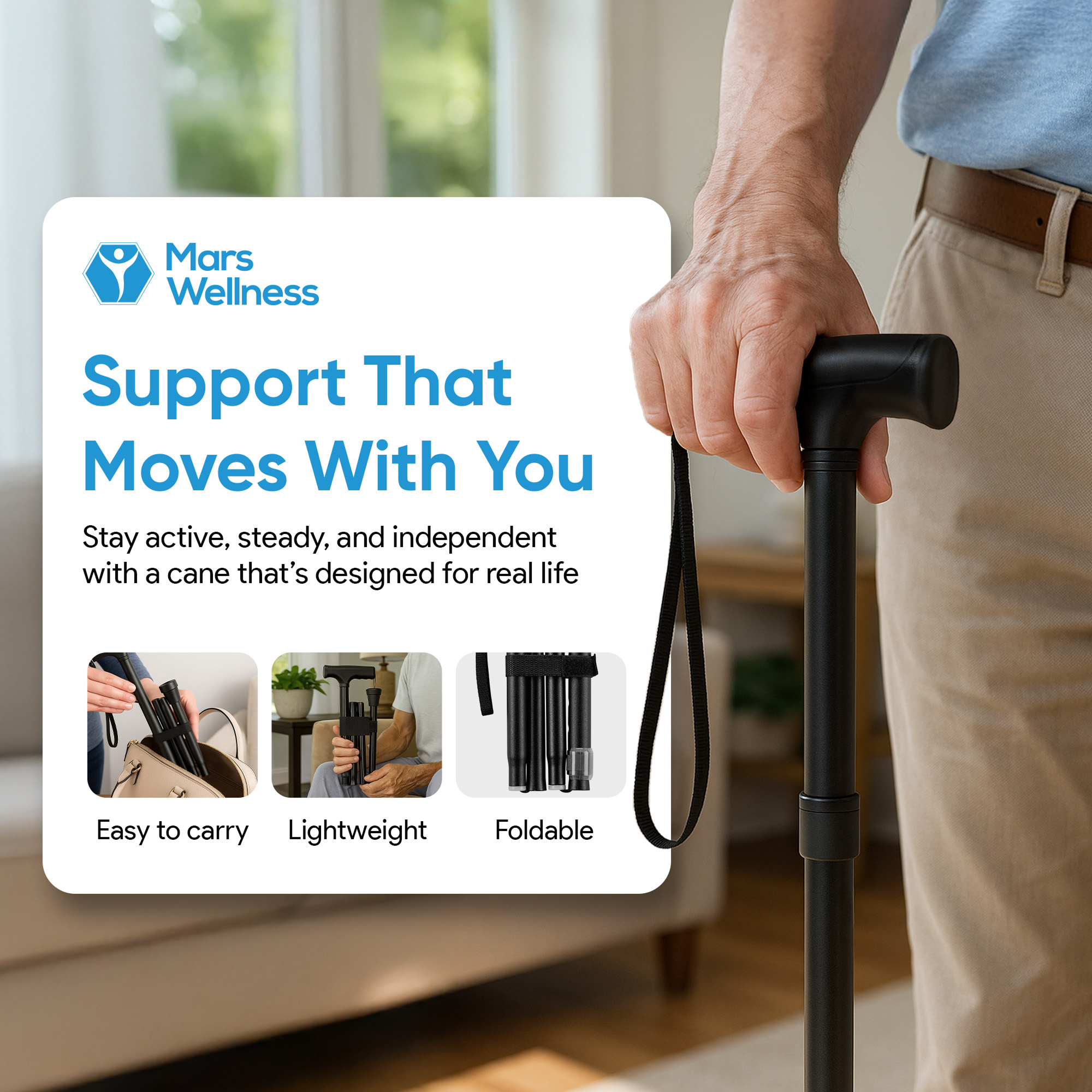 Mars Wellness Folding Cane - Adjustable Walking Cane for Women & Men - Collapsible Walking Stick for Seniors, Travel & Stability - Portable Mobility Aid - Black